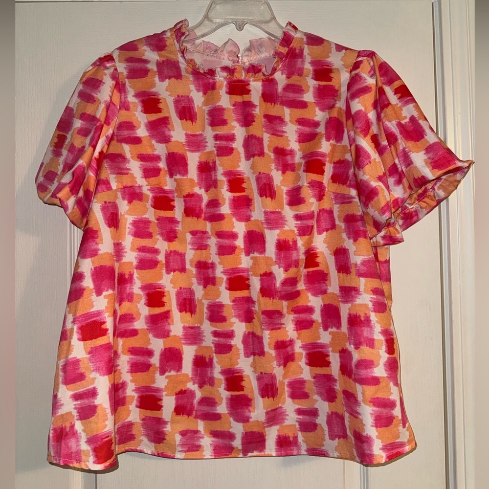 Emery rose Pink, orange, white Brushstroke puff sleeve ruffle collar Top
